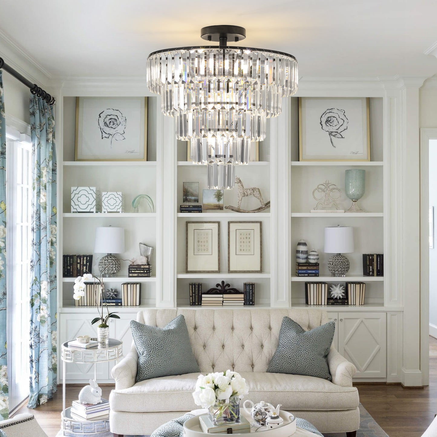 20  Black Crystal Chandelier Ceiling Light, Modern Luxury 10-Light Flush Mount Light Fixture, Elegant Home Lighting For Living Room, Dining Room, Bedroom  No Bulbs