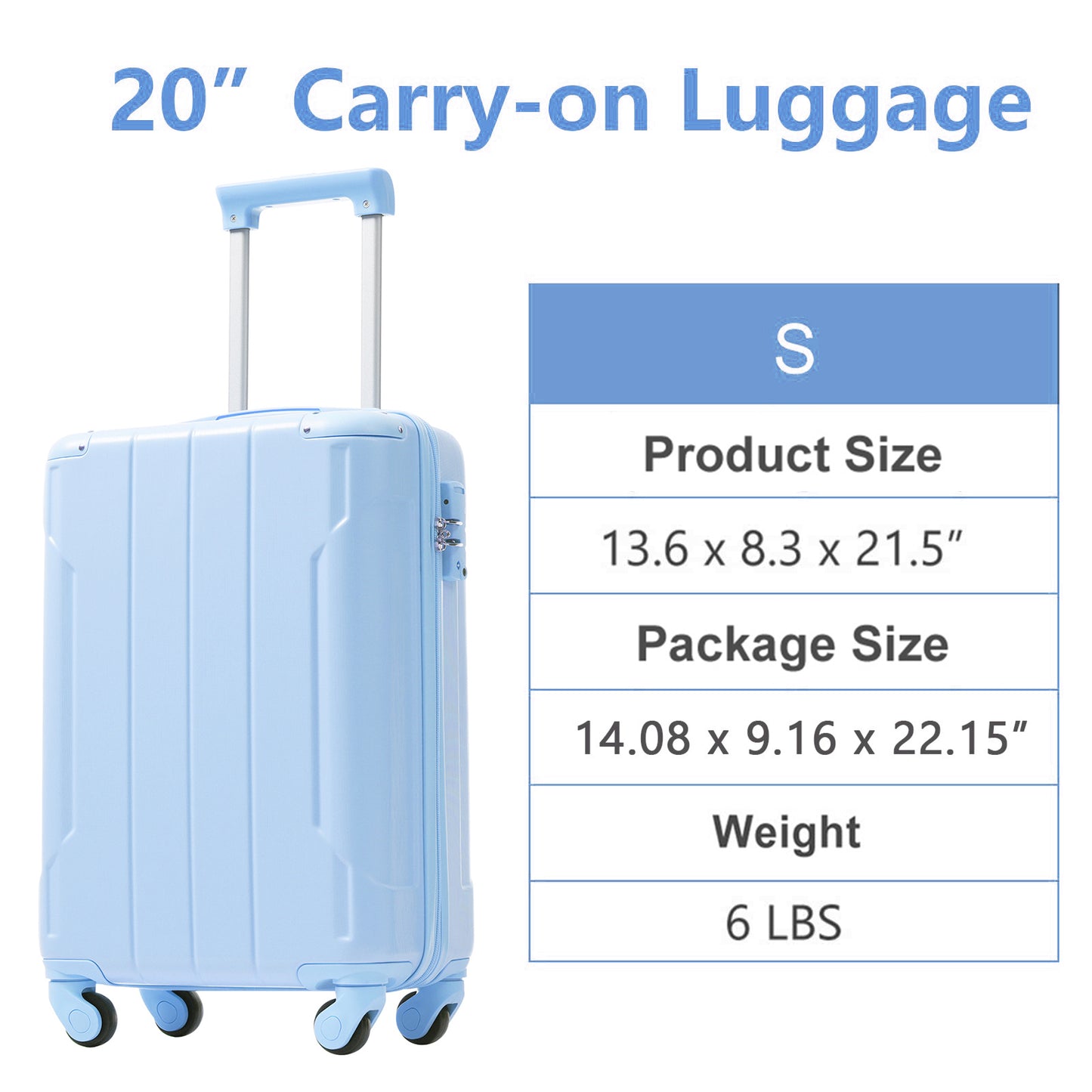 Hardshell Luggage, Lightweight Durable ABS Suitcase With Double Spinner Wheels, TSA Lock, 20 Inch Travel Carry On Luggage  Skyblue