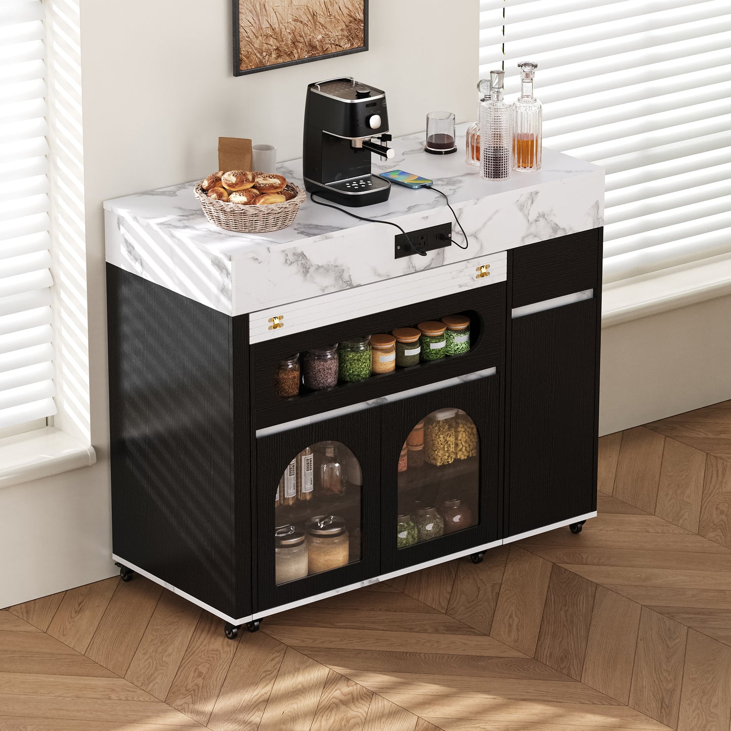 TREXM Extendable Dining Table With Extra-Long Folding Top  Rolling Kitchen Island With Drawers  Power Outlet And Brake Lock  Storage Cabinet For Kitchen And Dining Room  Black   Marble White
