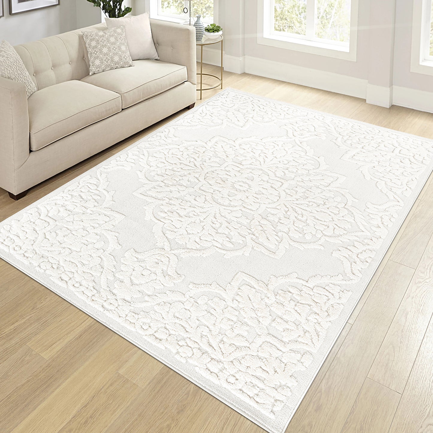 Step Collection High-Low Medallion Cream Cream Indoor Area Rug, 6'7''x9', Modern, Contemporary, Geometric, Bohemian, Bedroom, Kitchen, Living Room, Non Shedding Carpet