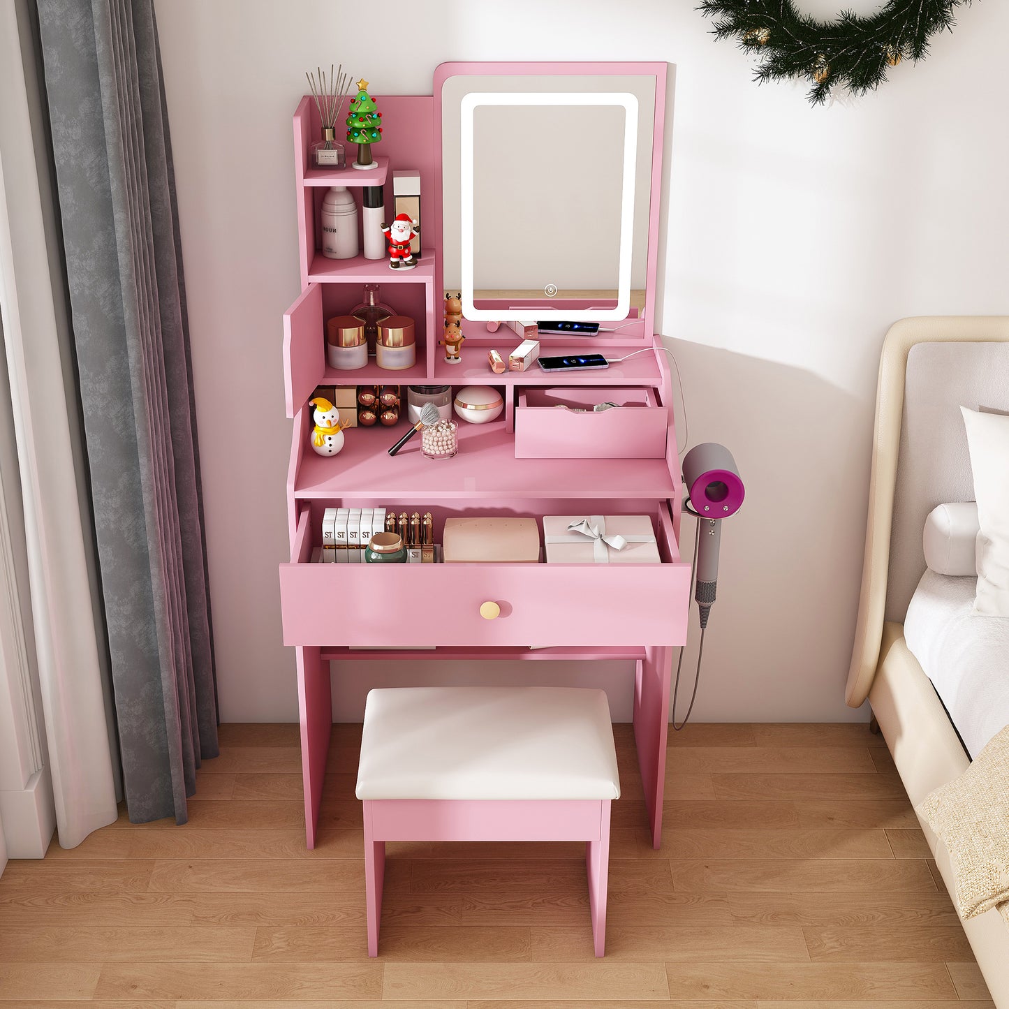 3-Color LED Vanity Mirror With Stool  Pink Dressing Table For Bedroom  2 Drawers & 5 Storage Cabinets  4 Open  1 Hidden   Adjustable Lighting  Pink