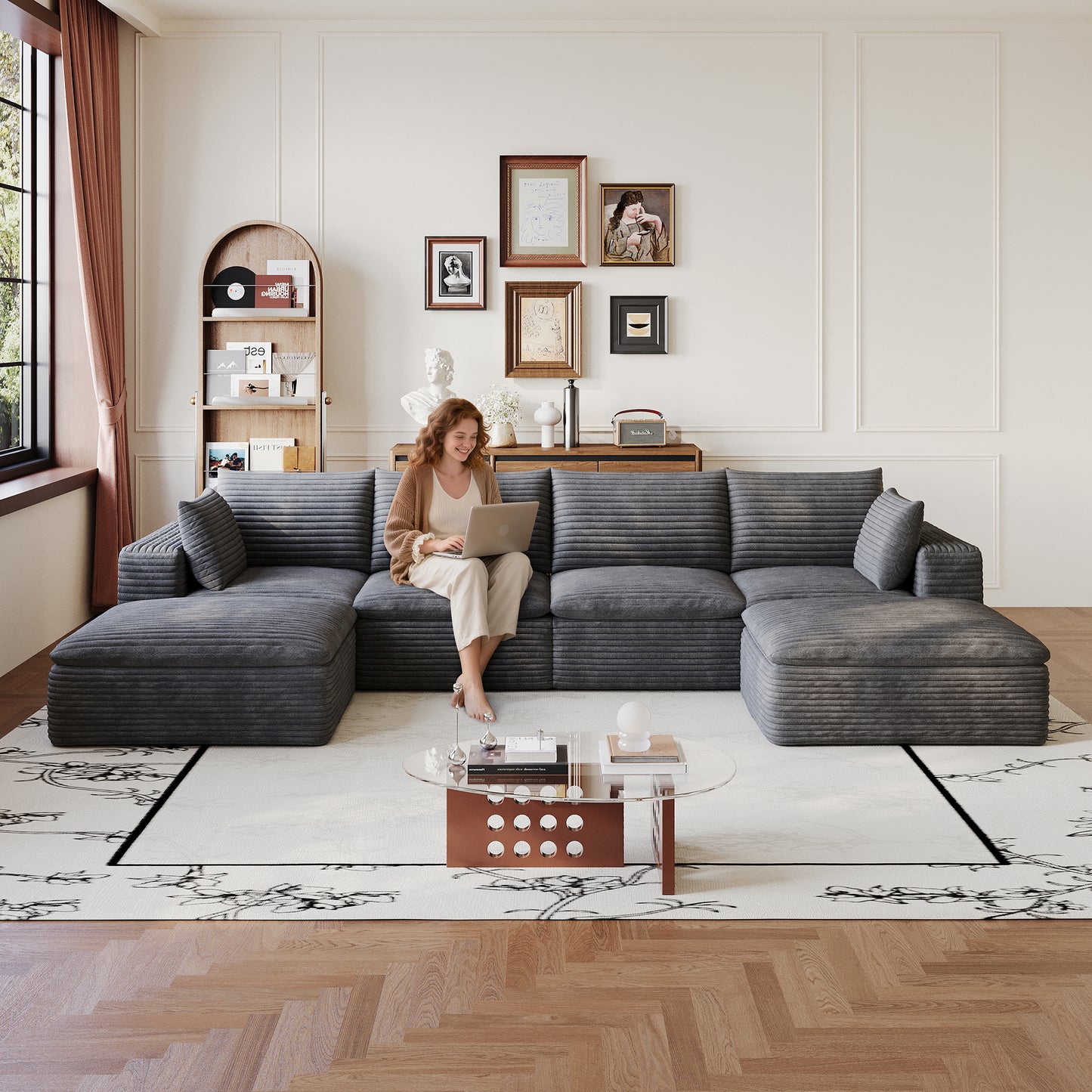 134  Cloud Sofa,Corduroy Fabric,Deep Seat Couches,Double-layer Design,Removable  Cushion,No Assembly, DIY Combination For Living Room, Bedroom,Conference Room ,Apartment,Dark Grey
