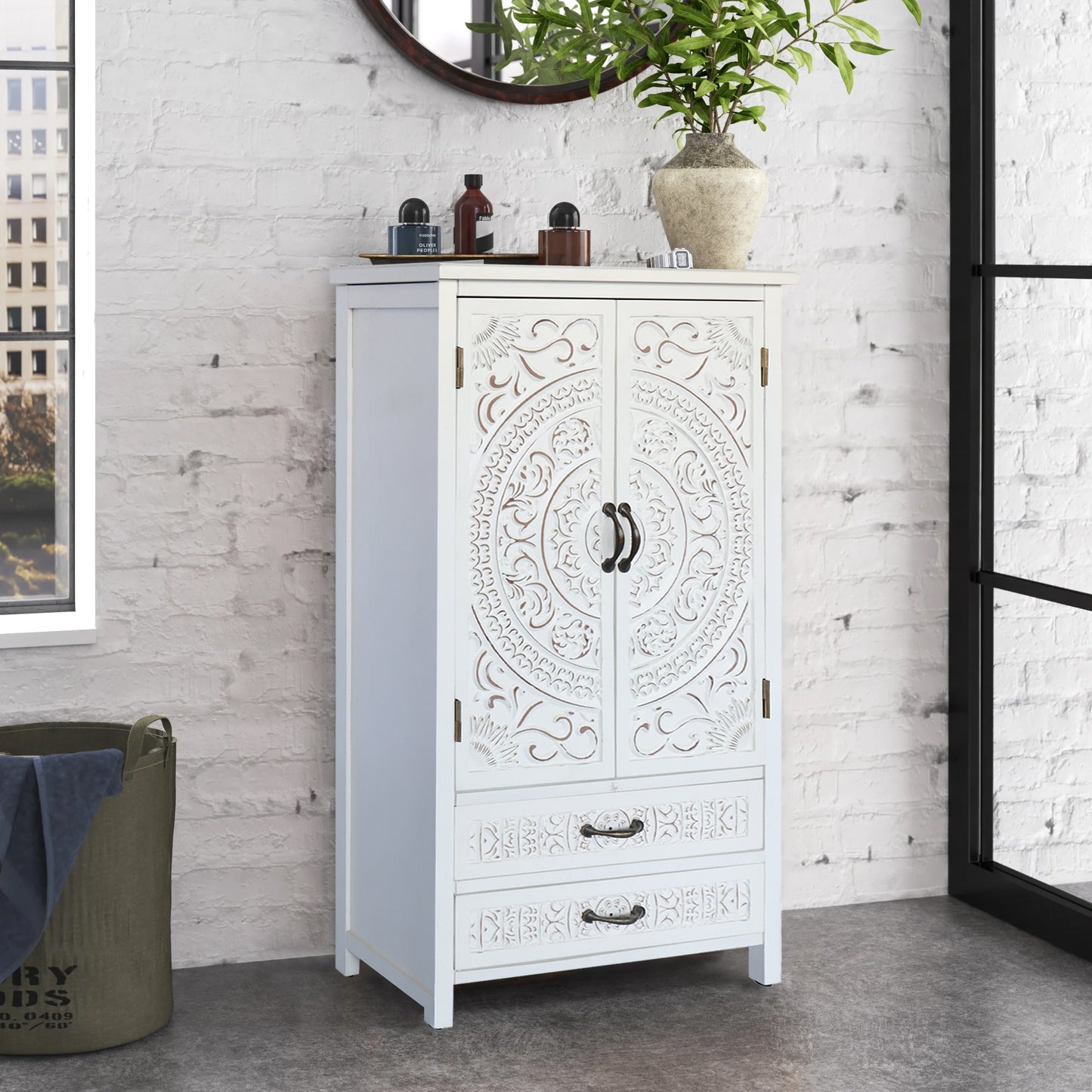 27  Accent Tall Tower White Storage Cabinet - Rustic Wood Sideboard Pantry Cabinet - Versatile Buffet Cabinet With Storage For Home Decor And Organization Chic Cabinet With Two Doors And Two Drawers