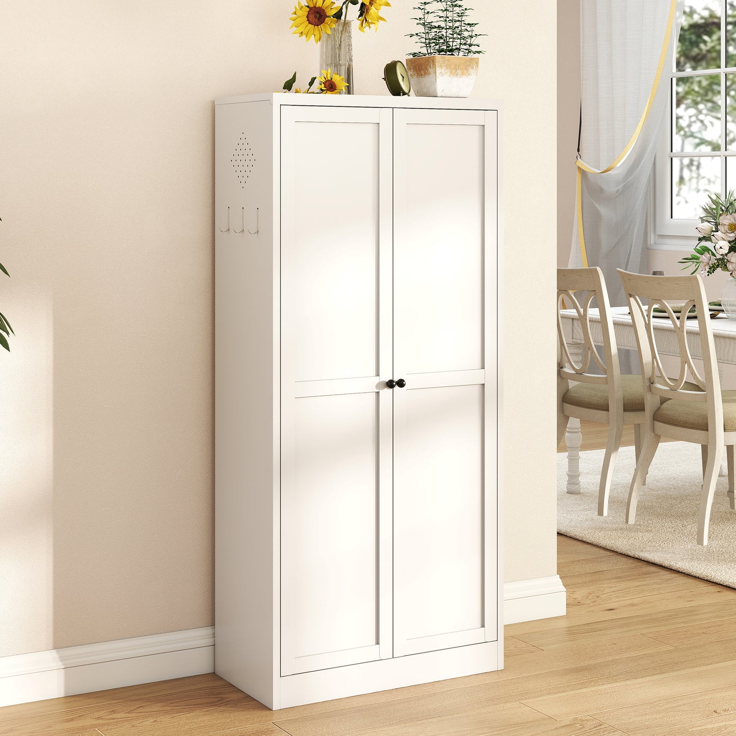 61  White Metal Kitchen Pantry Cabinet Adjustable Storage With 4 Shelves  110lb Capacity , Heavy Duty Freestanding Pantry Organizer For Kitchen, Pantry, Living Room