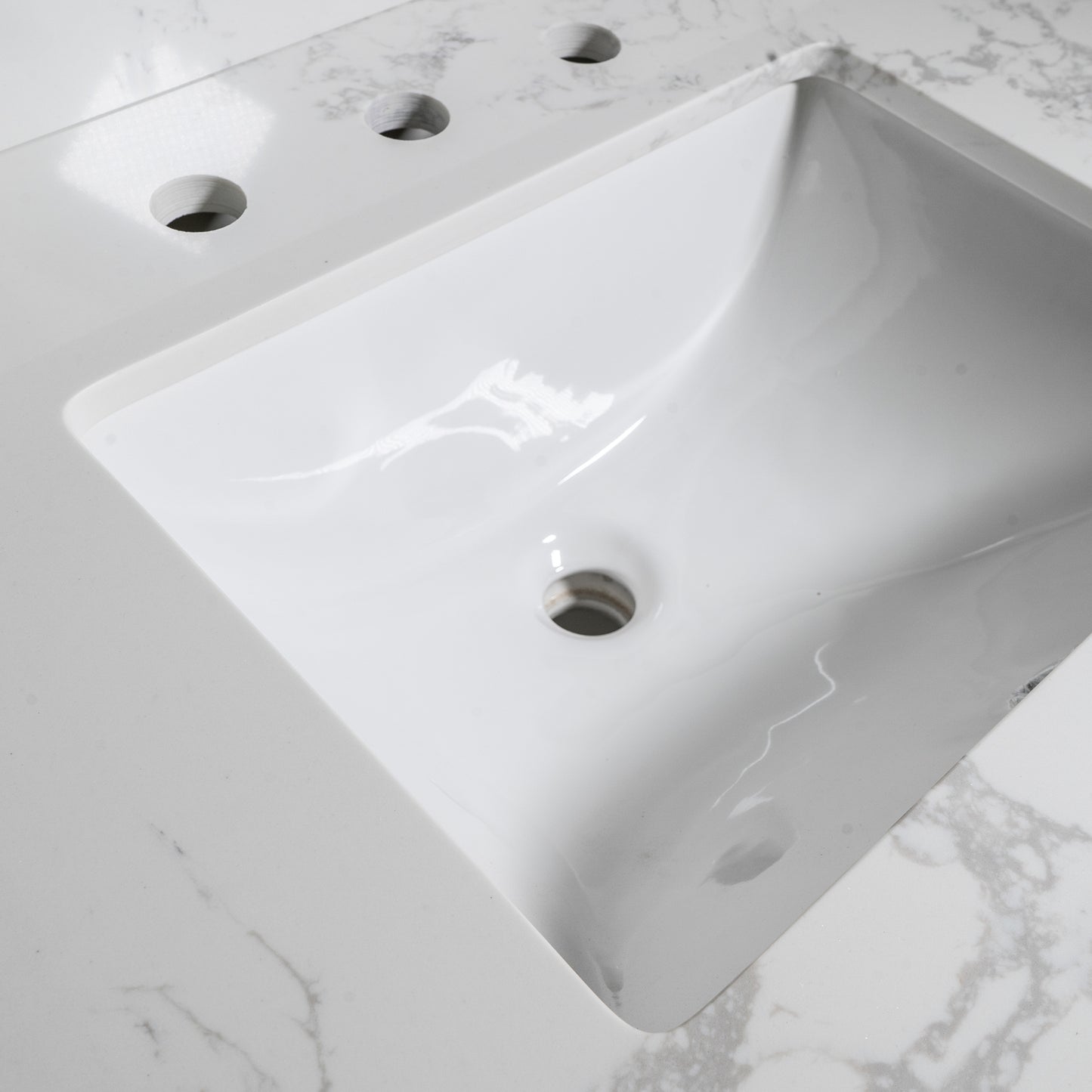 Montary 43x22 Bathroom Stone Vanity Top  Engineered Stone Carrara White Marble Color With Rectangle Undermount Ceramic Sink And  3 Faucet Hole With Back Splash .