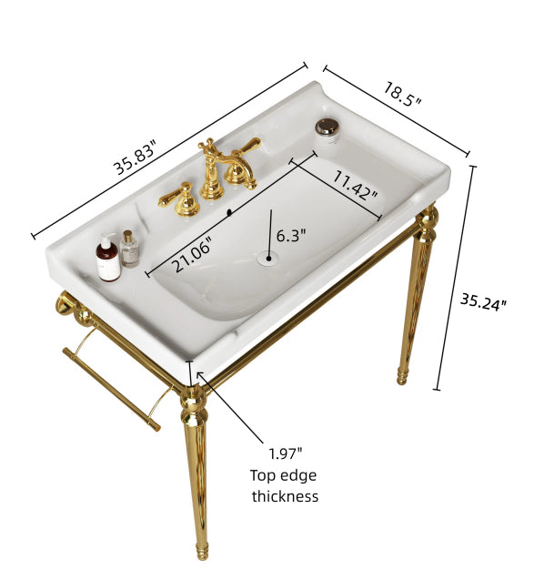 VICI 36 Bathroom Console Sink, Wall-Mounted White Ceramic Vanity Basin With 3 Pre-drilled Faucet Holes, Freestanding Stainless Steel Support Legs With Towel Bar, No Faucet & Sink Cover, Gold Color