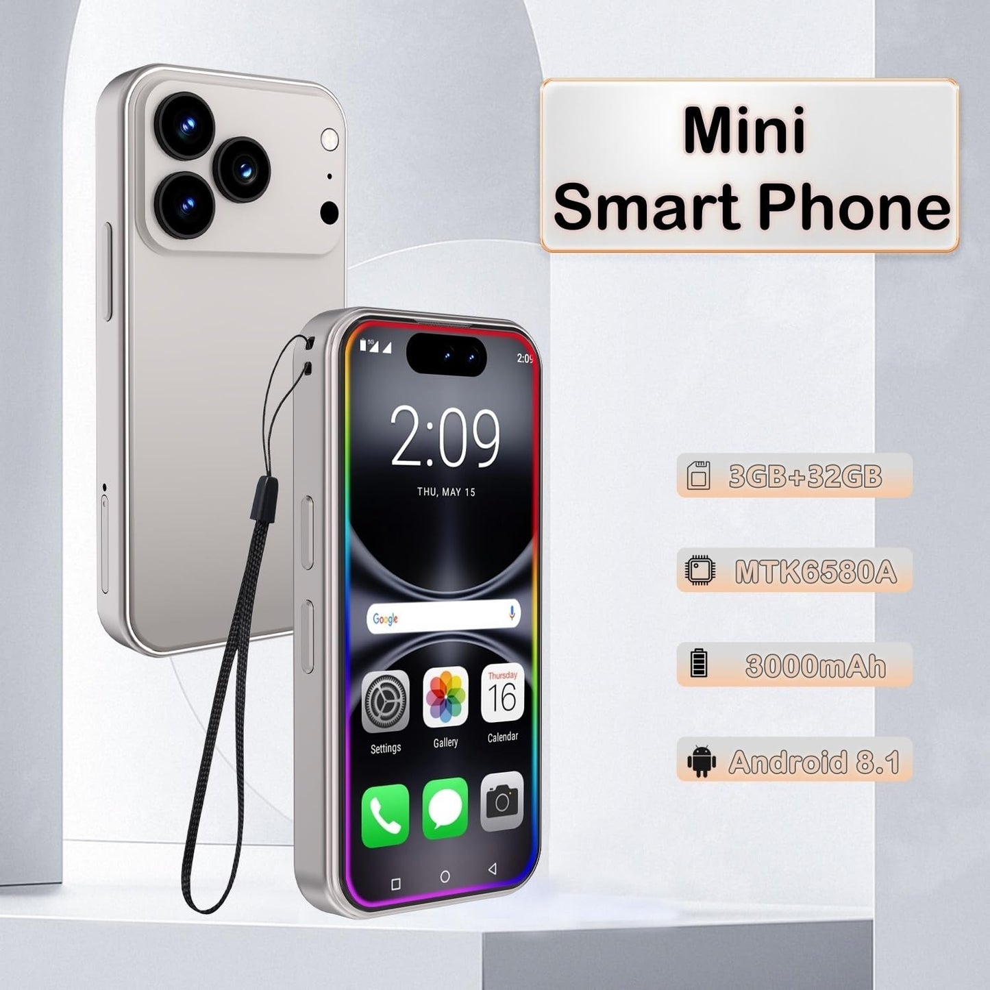 4.0 Inch Mini Smartphone, Android 8.1, 3GB RAM 32GB Storage, Dual SIM Unlocked 3G LTE, 3000mAh Battery, Compact Pocket Phone For Students Seniors Backup