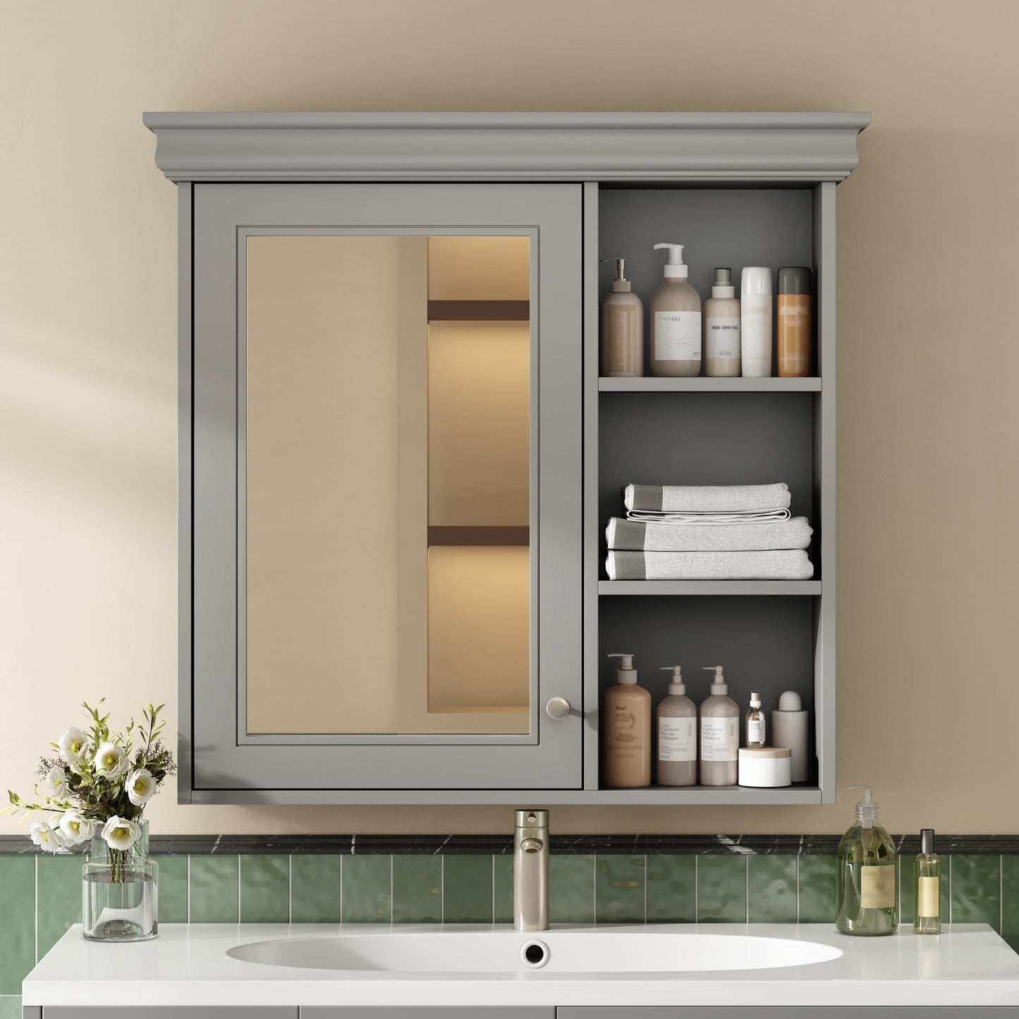 30   X 28   Bathroom Medicine Cabinet With Mirror, Wall Mounted Mirror Cabinet With Storage Organizer, Over The Toilet Storage Storage Cabinet For Bathroom