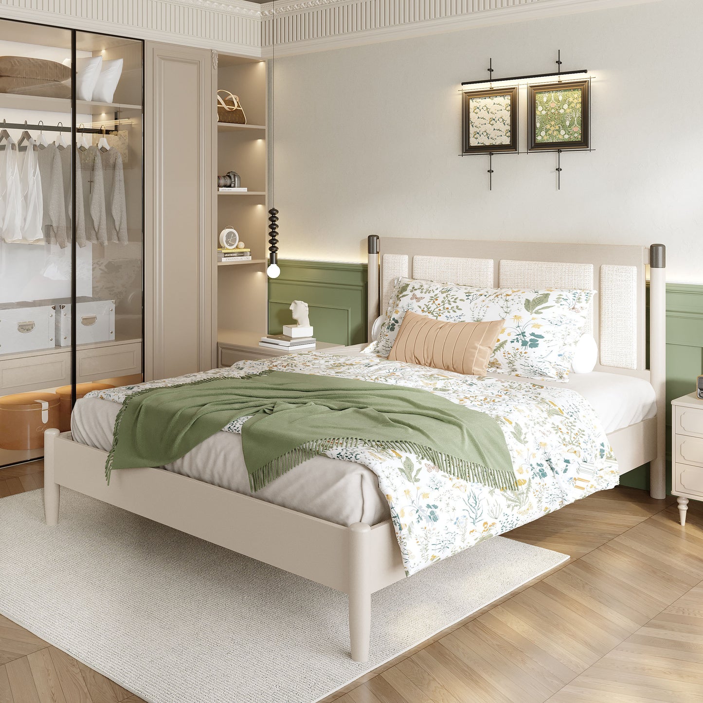 Solid Wood Queen Bed, Heavy Duty 500 Lbs Support, No Box Spring Needed, Grey Upholstered Headboard With Metal Handles