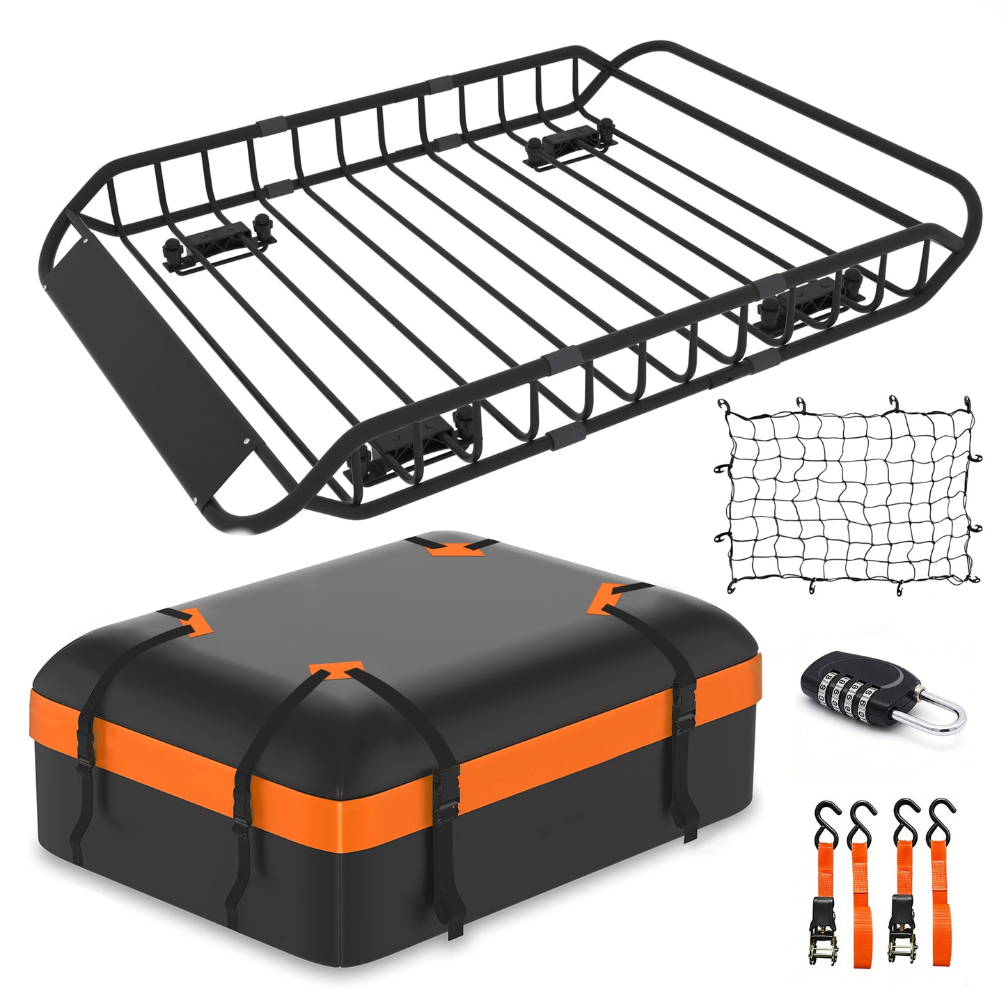 Roof Rack Cargo Basket 50  L  X 36  W  X 5.1  H  Extendable Universal Rooftop Luggage Carrier For Truck Cars SUV With Waterproof Cargo Bag, Cargo Net, Ratchet Straps & Outdoor Combination Lock