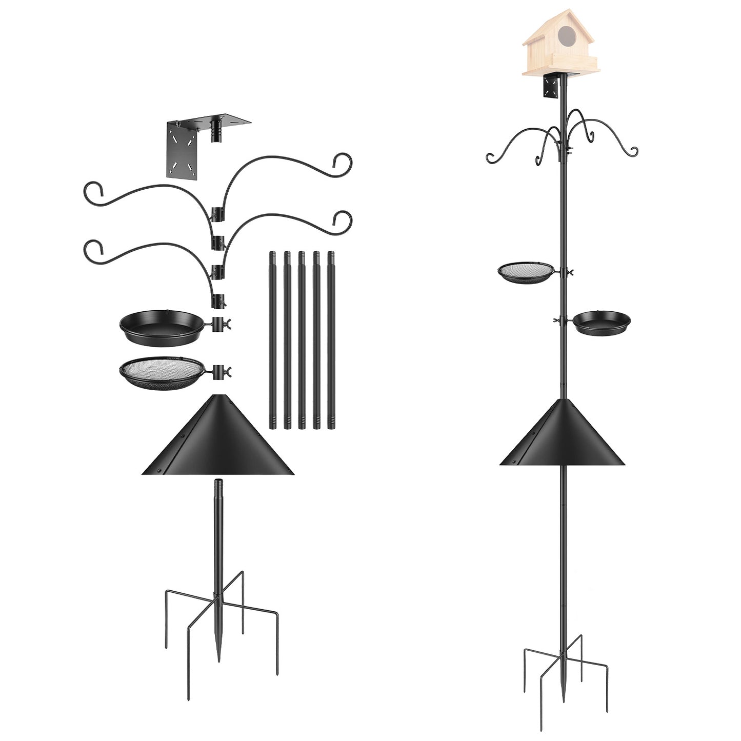 1Pc 94Inch Squirrel Proof Bird Feeder Pole Heavy-Duty Bird House Pole Outdoor Bird Feeding Station With 5 Adjustable Heights 4 Shepherd Hooks Top & Side Mount Brackets 5-Pronged Base