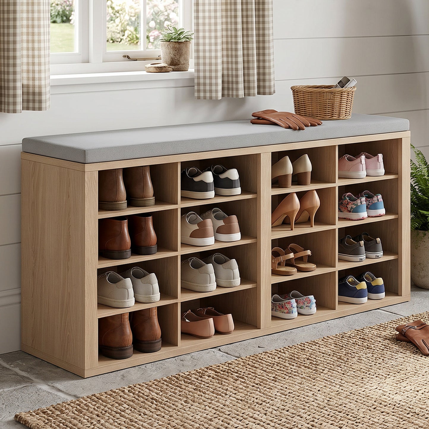 Shoe Storage Bench With Cushion 16 Cubby Shoe Rack Multifunctional Shoe Organizer Bench For Entryway Hallway Living Room Bedroom