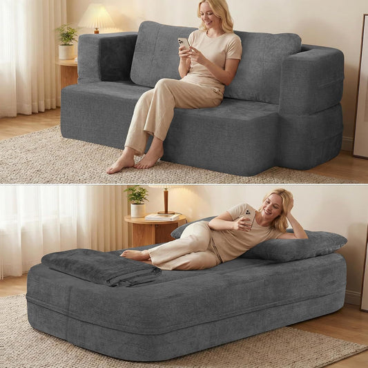 Convertible Sofa Bed With Blanket, Boneless Cloud Couch Queen   Fabric For Living Room Bedroom, Modular Loveseat With High-Density Solid Sponge No Assembly,Grey.