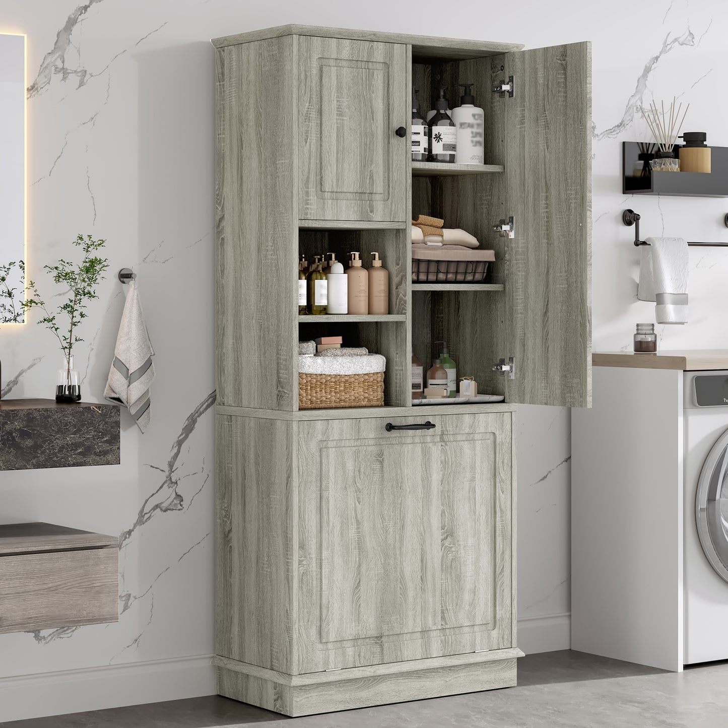 Tall Storage Cabinet With Adjustable Shelves, Large Flip-Out Basket & Enclosed Cabinets  Perfect For Bathroom, Living Room, Or Office, MDF Material With Aluminum Alloy Handles