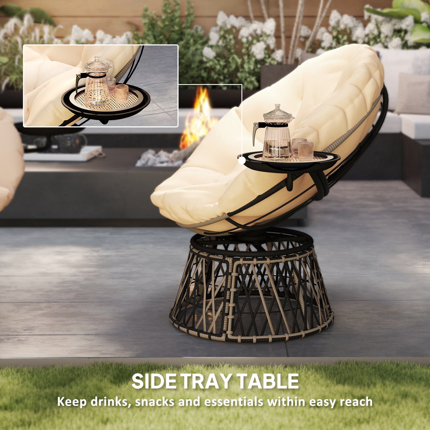 360 Swivel Outdoor Papasan Chair, 39 Overstuffed Circle Chair With Side Tray, Thick Cushion For Indoor Patio, Beige
