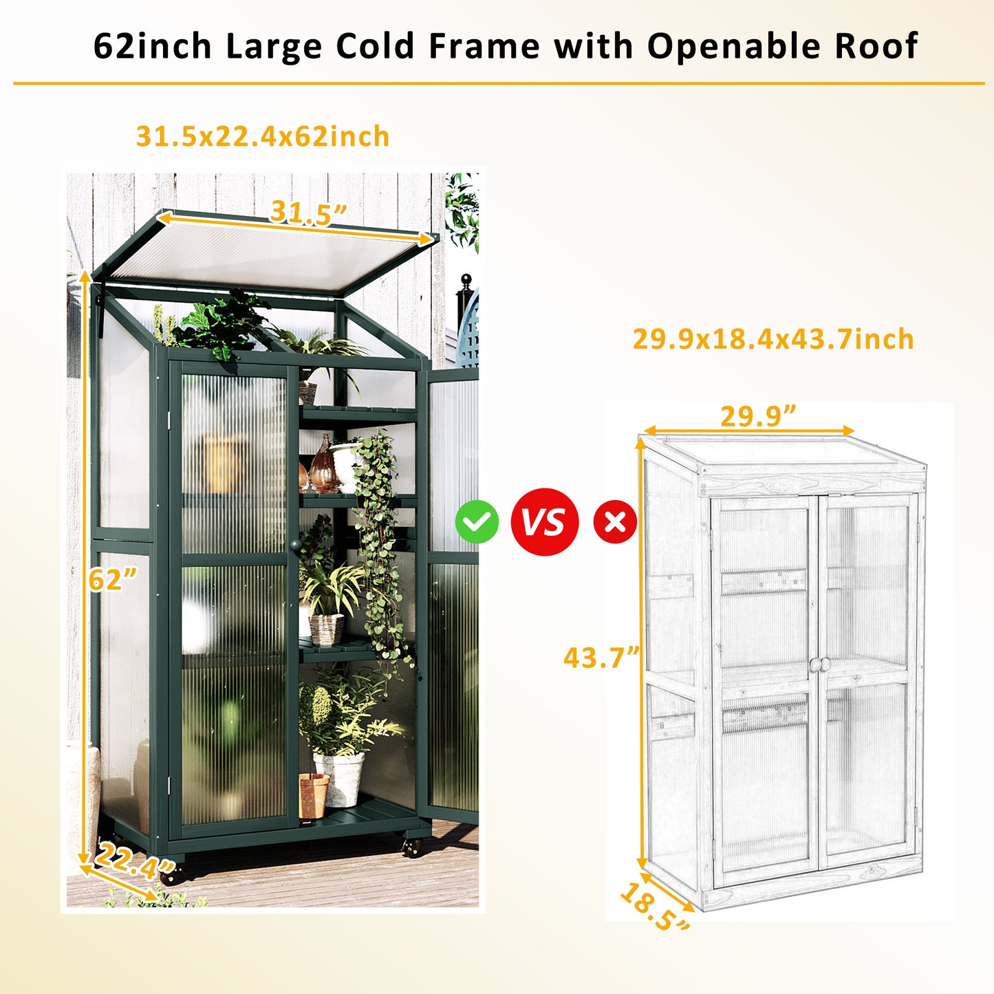 TOPMAx 62inch Height Wood Large Greenhouse Balcony Portable Cold Frame With Wheels And Adjustable Shelves For Outdoor Indoor Use  Forest Green