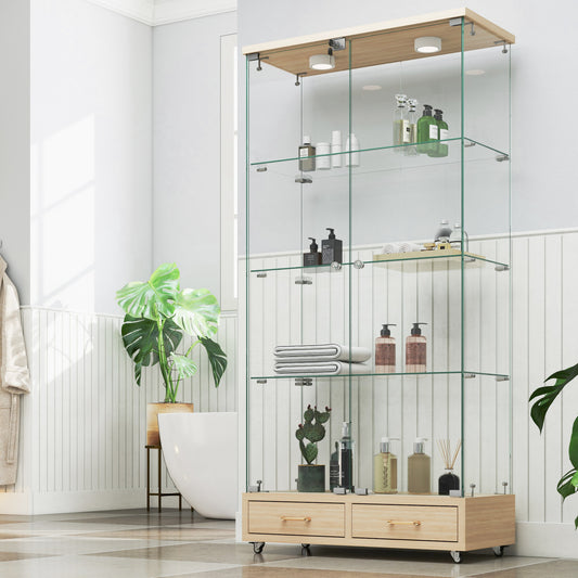 Modern Glass Display Cabinet With 2 Large Drawers , Quick-assembly Antique Cabinet With LED Lights, Tempered Glass Bookshelf, 2-Door Storage Case With 4 Shelves  For Living Room And Bedroom, Natural