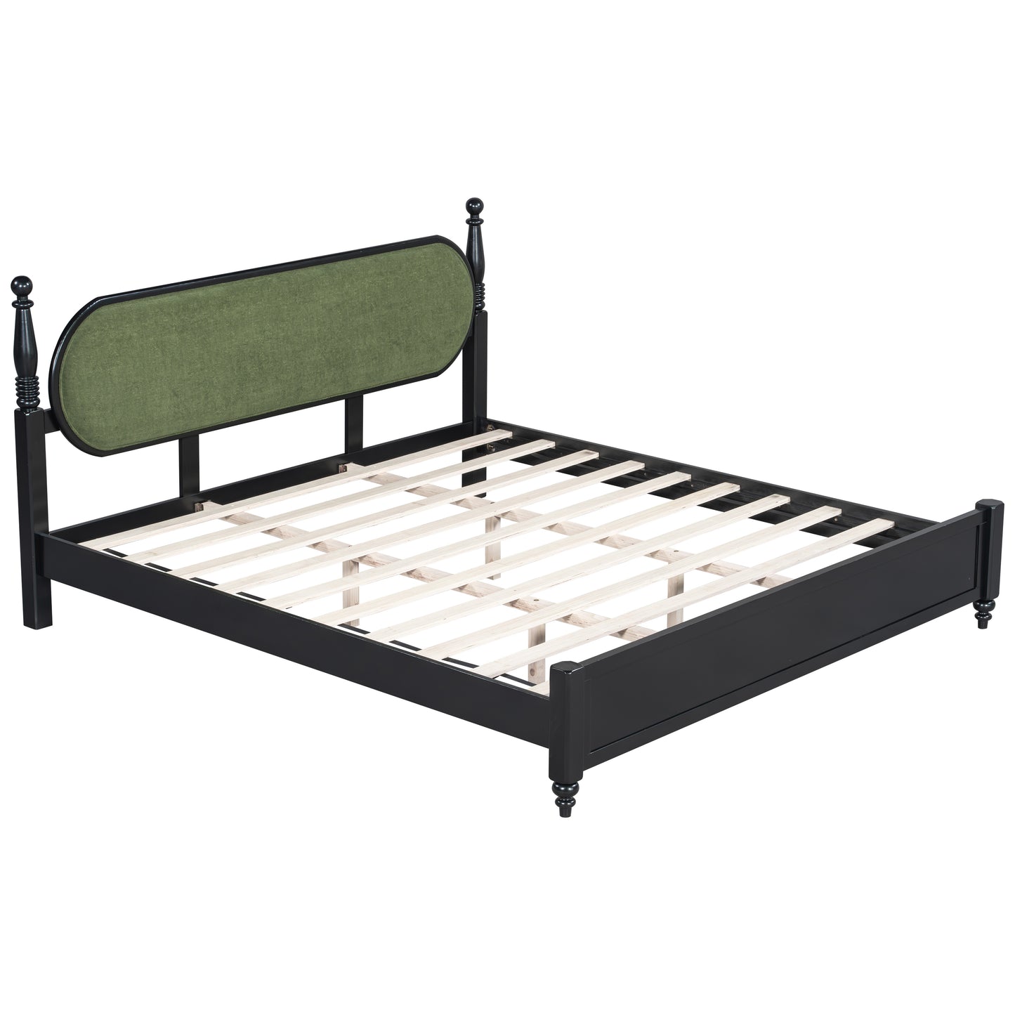 King Bed Frame, Solid Wood Platform With Slats, Modern Green & Black Bedroom Furniture, No Box Spring Needed