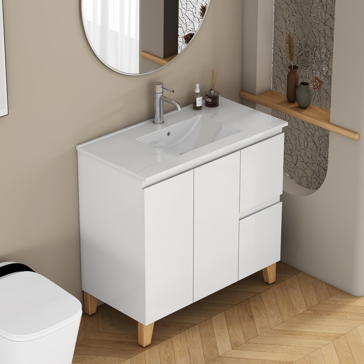 36-Inch Modern Bathroom Vanity With Sink Combo, 2 Doors And 2 Big Drawer, Soft-Clost System,Handle-Free Design,Natural Solid Wood Feet,Ceramic Basin,Ceramic Basin,Easy Assemble,Glossy White