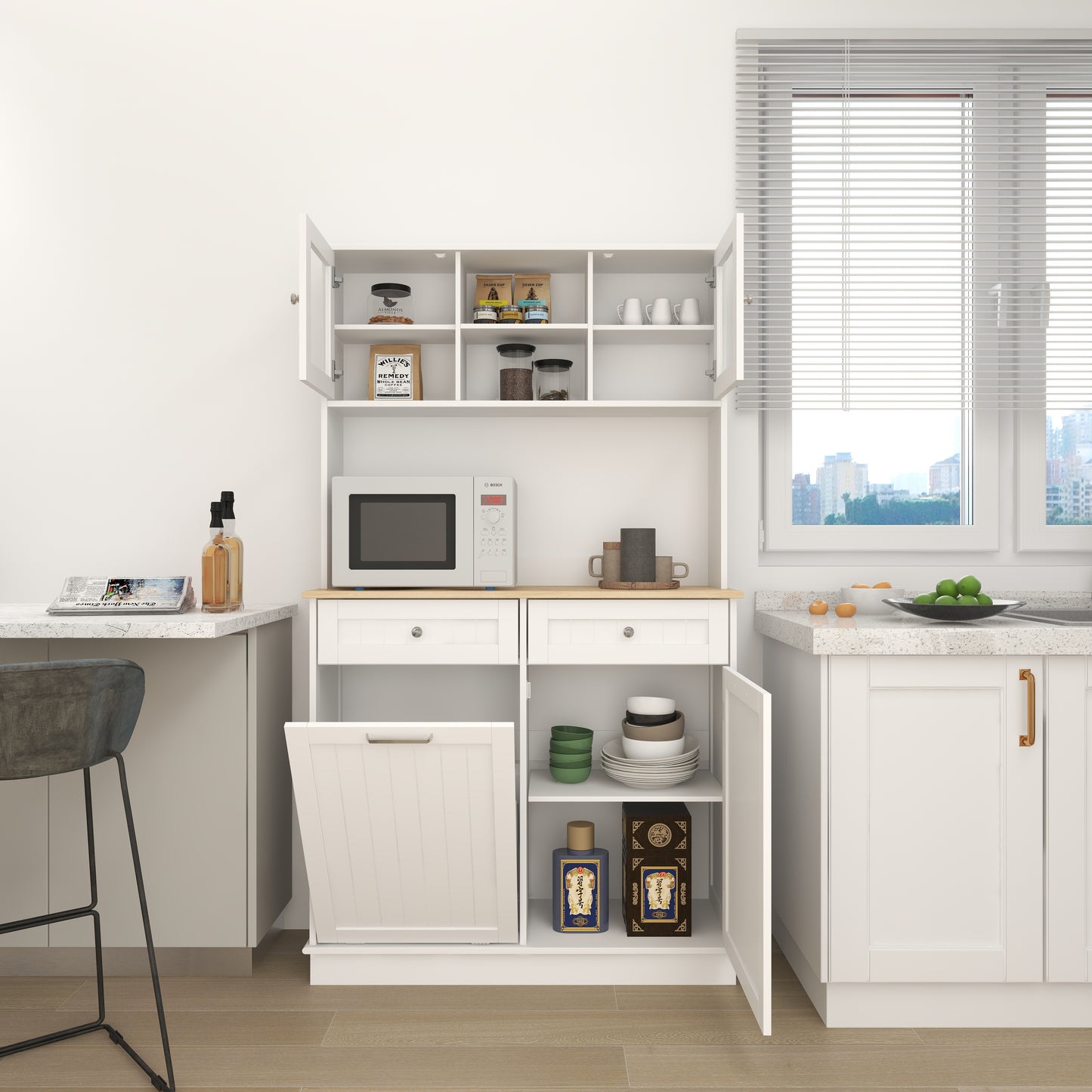 67.7  Tall Kitchen Trash Can Storage Cabinet With 3 Adjustable Shelves, 2 Drawers And 1 Tilt Out Trash Cabinet For Kitchen, Dinning Room, Living Room-White