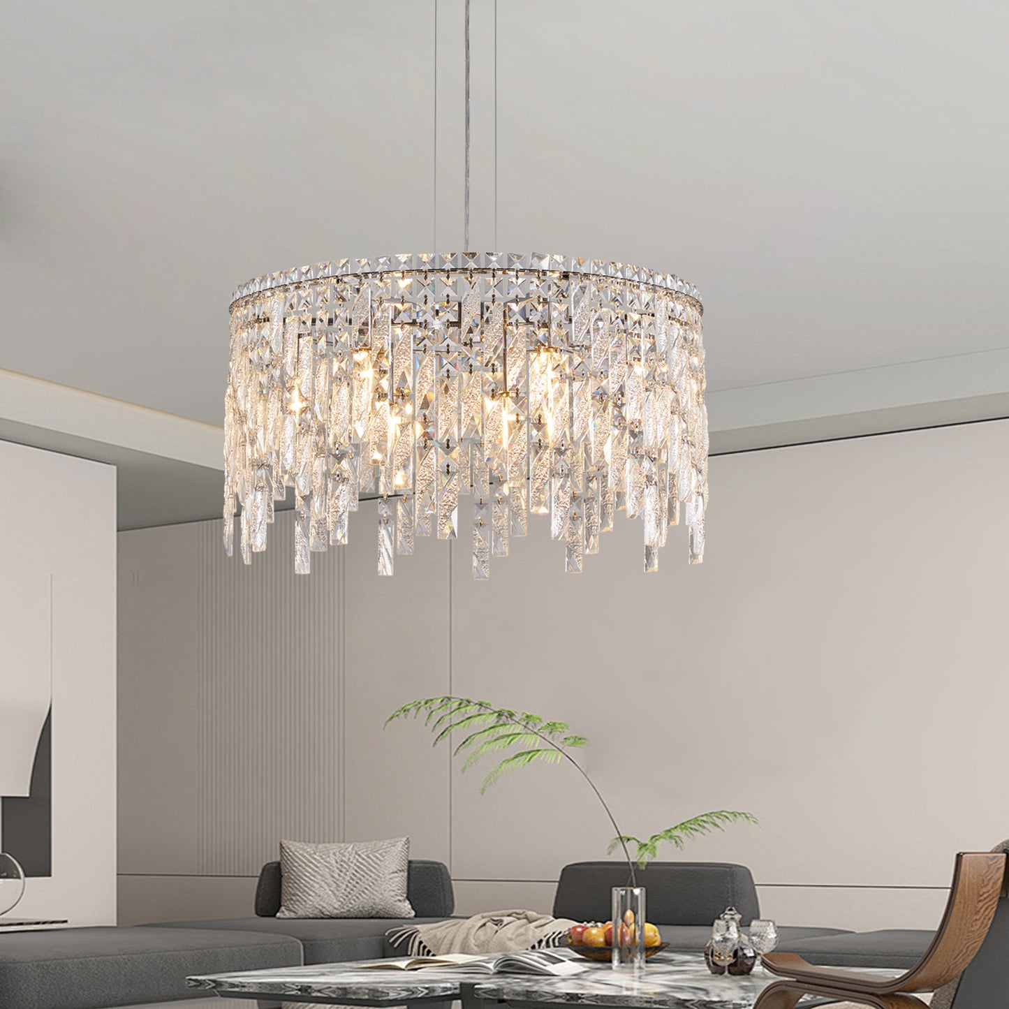 L5024-600-C 24 Luxurious Round Silver Crystal Chandelier, Contemporary Rectangular Pendant Light For Dining Room, Living Room, And Grand Foyers Bulbs Not Included
