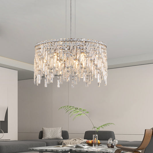 L5024-600-C 24 Luxurious Round Silver Crystal Chandelier, Contemporary Rectangular Pendant Light For Dining Room, Living Room, And Grand Foyers Bulbs Not Included