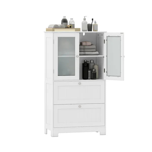 Freestanding Floor Storage Cabinet With Adjustable Shelf & 2 Drawers, Frosted Tempered Glass Door Sideboard
