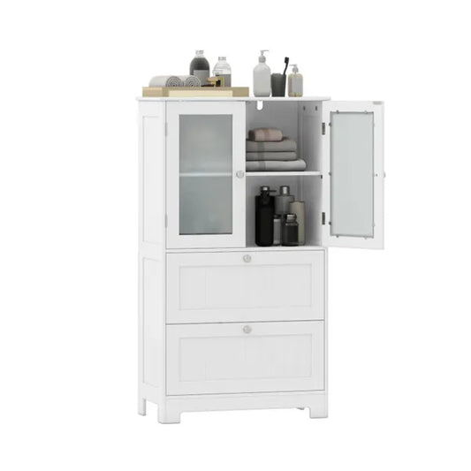 Freestanding Floor Storage Cabinet With Adjustable Shelf & 2 Drawers, Frosted Tempered Glass Door Sideboard