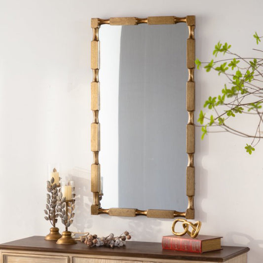 Gold Bamboo-Style Rectangular Wall Mirror, Textured Frame For Living Room Bedroom Entryway Decor