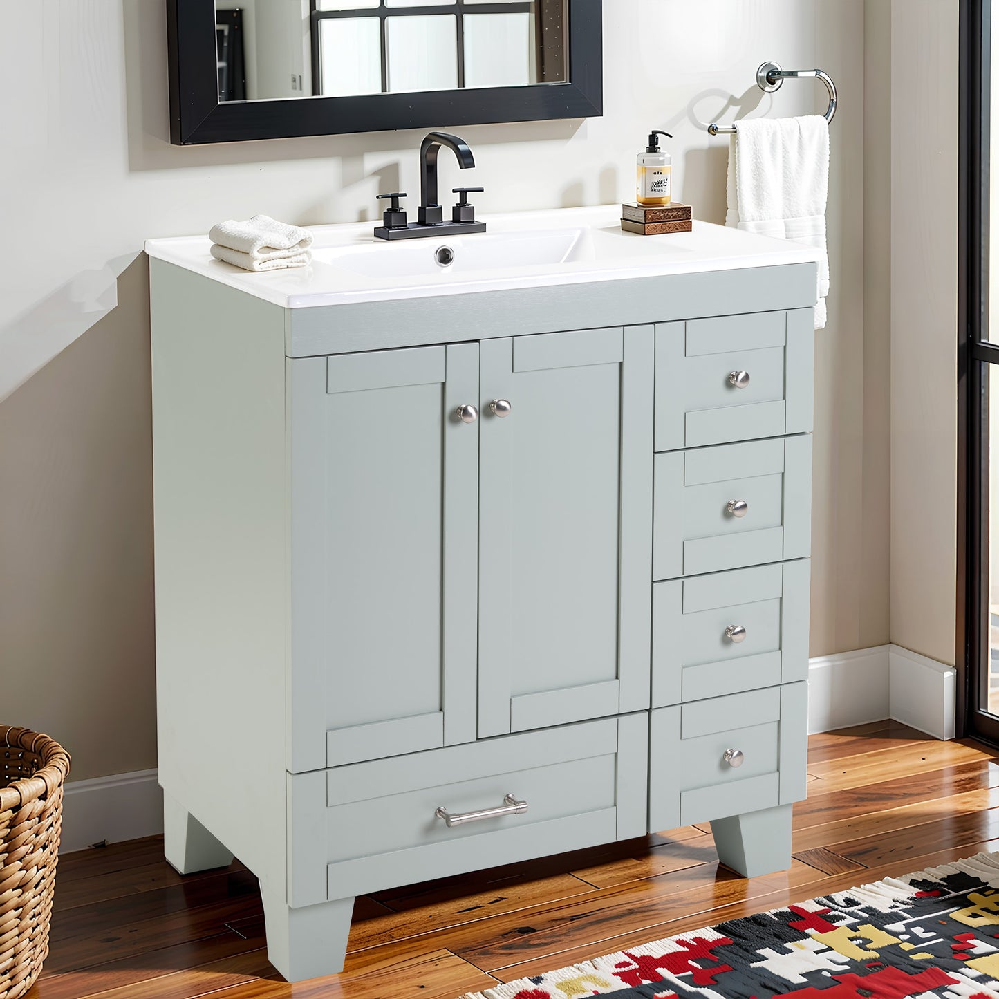 30  Blue Grey Bathroom Vanity With Ceramic Sink - Soft-Close Drawers, Solid Wood Frame, Multi-Organizer Storage ,76x47x85cm