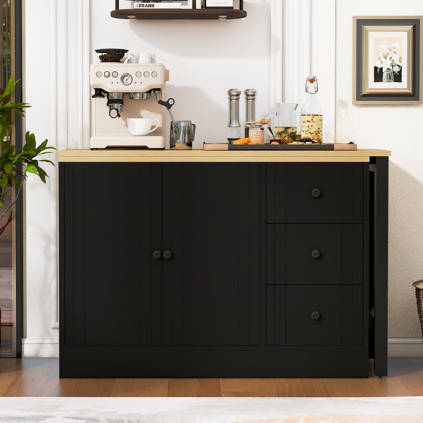U-STYLE 89.7 Wooden Sideboard With Extendable Table Multifunctional Storage Cabinet With 2 Doors And 3 Drawers For Living Room Study Foyer And Kitchen