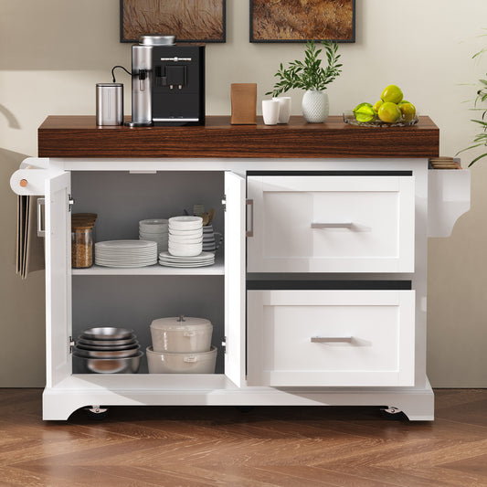 K&K 53  Large Kitchen Island With 3.5  Thick Desktop, Spice And Towel Racks, Rolling Kitchen Island With Storage On 5 Wheels, 2 Extra Large Drawers, For Home, Kitchen, Dining Room, White