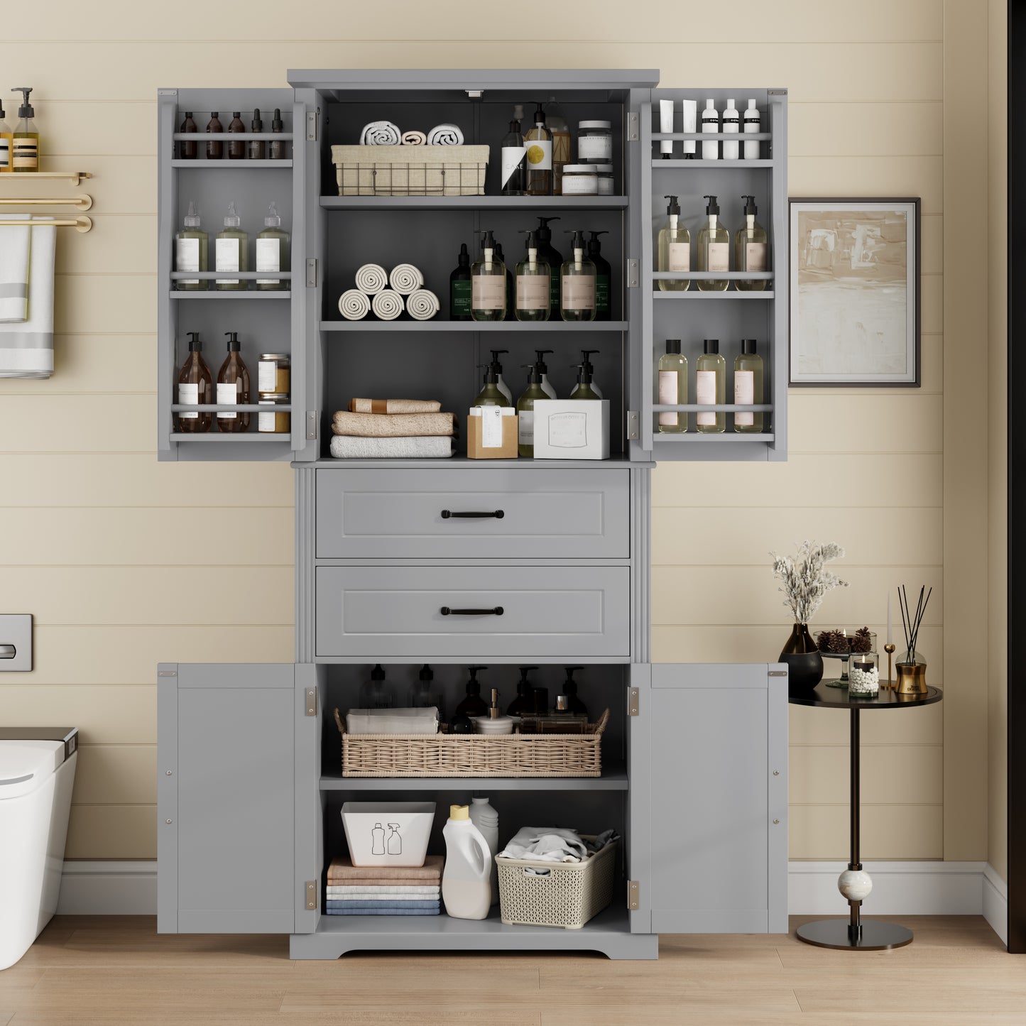 Video  Storage Cabinet With Multi-Functional Storage Space, Doors With Storage Shelves, 2 Drawers, Adjustable Shelf, Gray  Same Sku N759P293426E