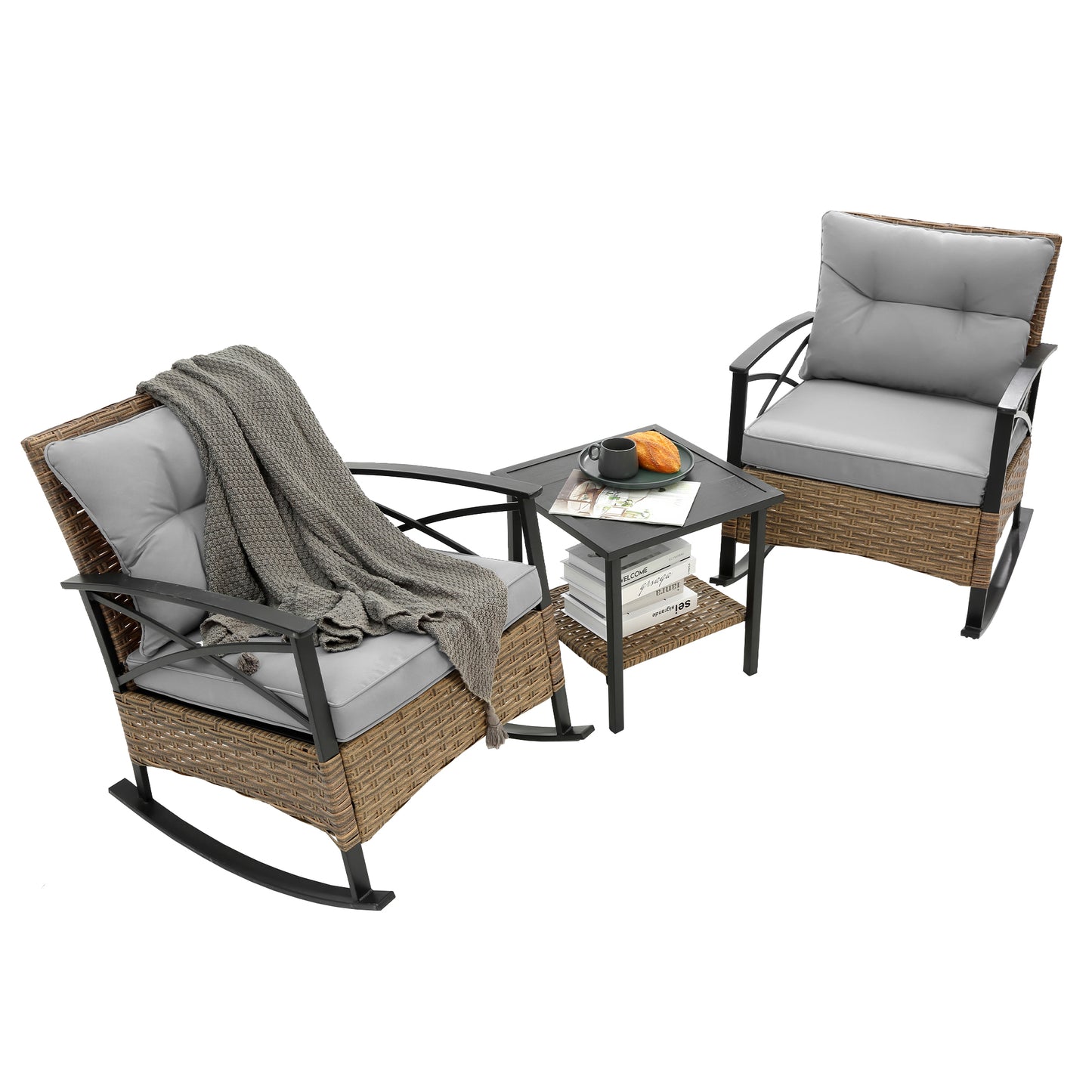 3pcs Rocking Rattan Set Wholesale Leisure Chair Outdoor Rattan Rocking Chair Set Grey