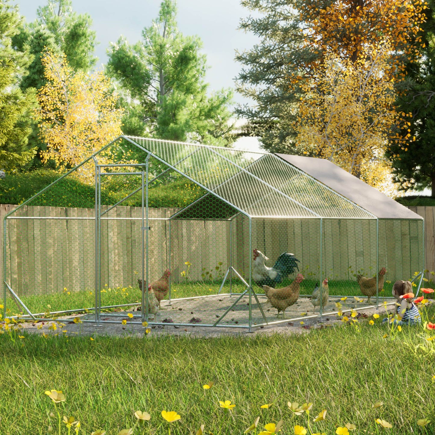 Large Metal Chicken Coop, Walk-in Chicken Run, Galvanized Wire Poultry Chicken Hen Pen Cage, Rabbits Duck Cages With Waterproof And Anti-Ultraviolet Cover For Outside
