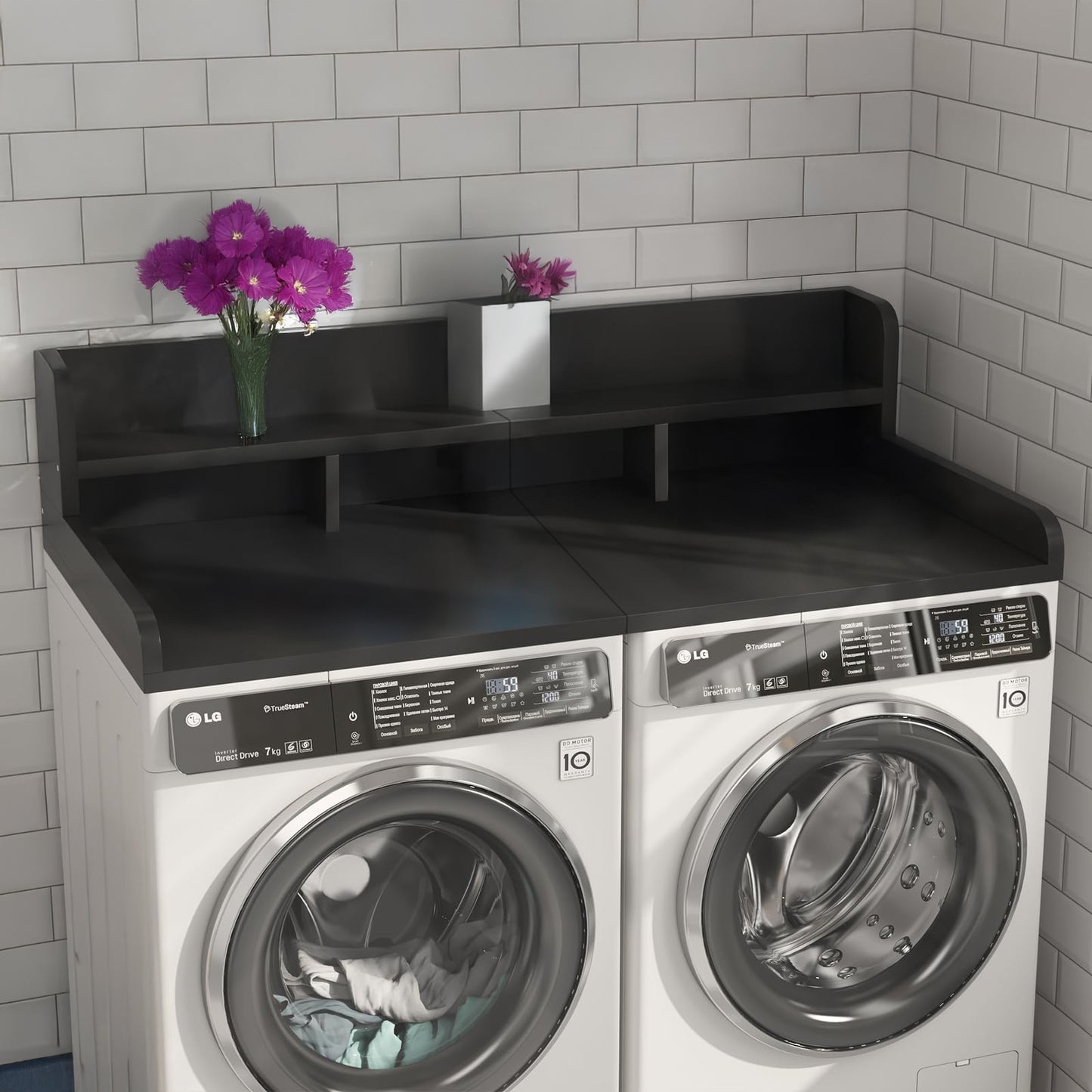 Washer Dryer Countertop With Non-slip Pads, Laundry Wood Shelf Topper With Edge, 54 Width X 27.5 Depth Double Layer Organizer For Washer And Dryer Laundry Hamper Counter Storage Organization BLACK