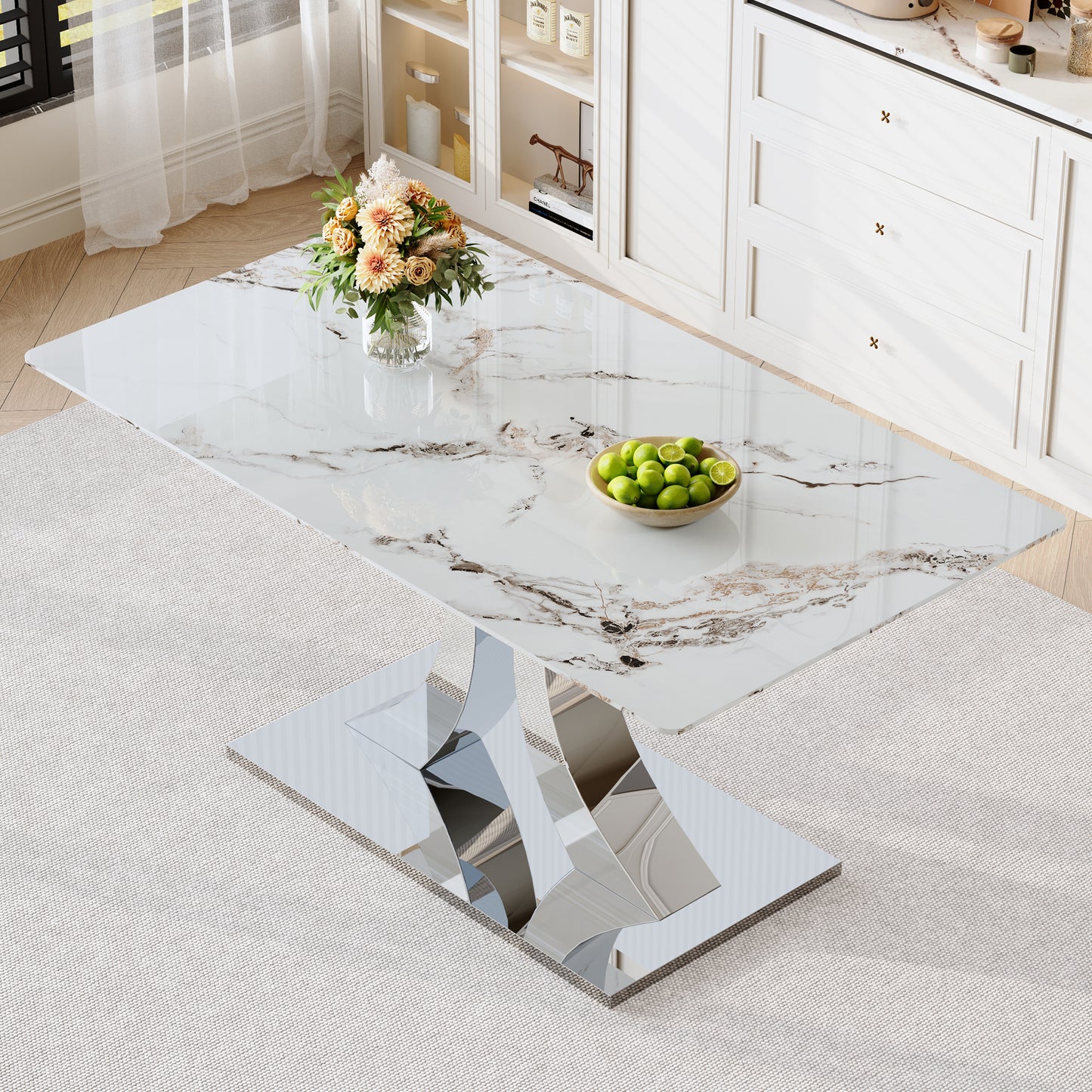 Transformable Heavy-Duty Stainless Steel Base In Silver 63in X 35in Dining Table  Luxury Pandora White Pattern Tempered Glass Rock Top For Kitchen Dining Room