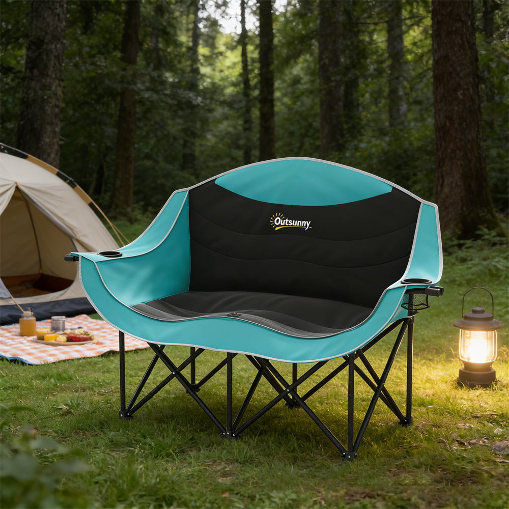 Padded Folding Camp Chair For Adults, Double Camping Chair 600D Oxford Fabric With Armrests, Cup Holders, Carry Bag For Outdoor