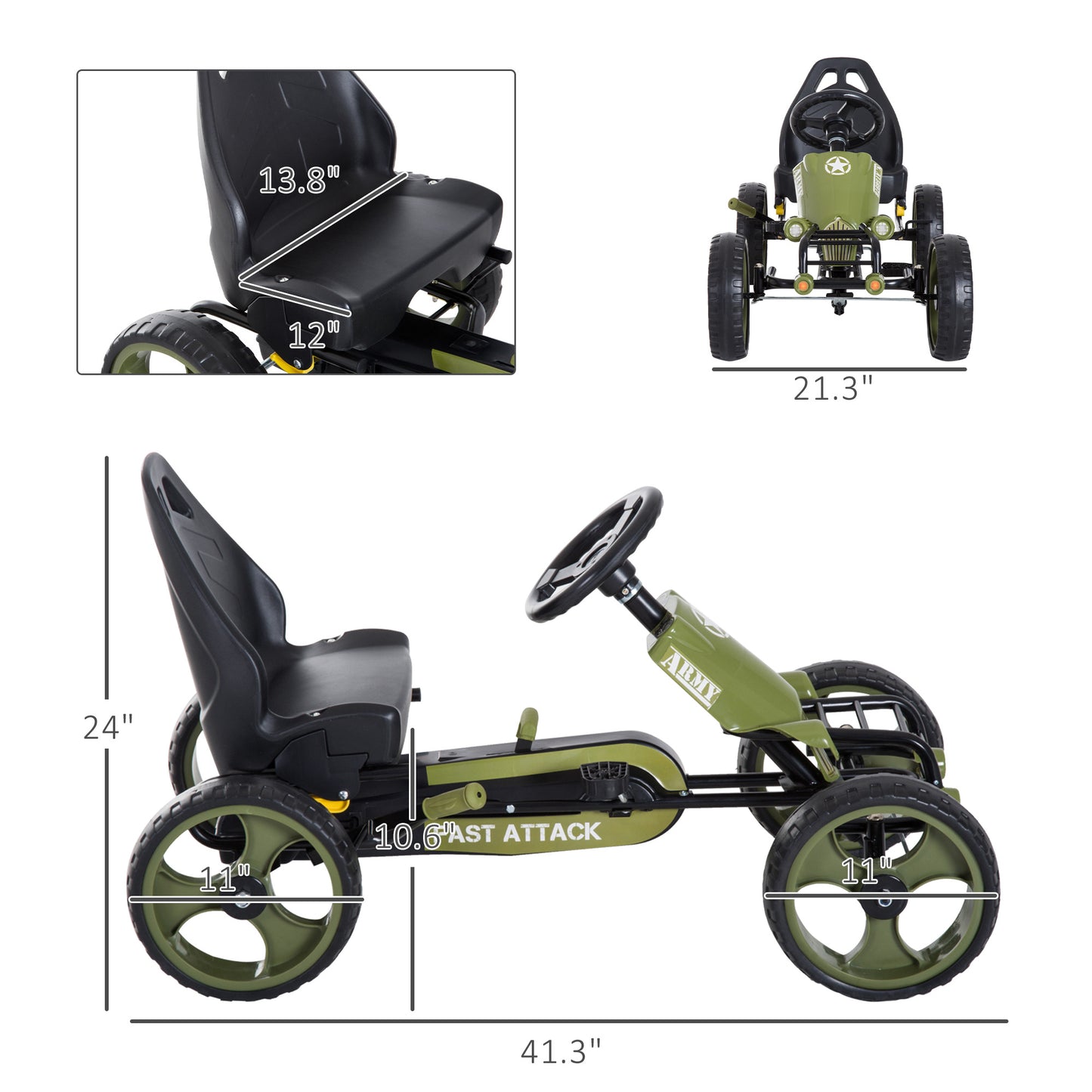 Pedal Go Kart For Kids With Adjustable Seat For 3-6 Year Old Boys And Girls, Green