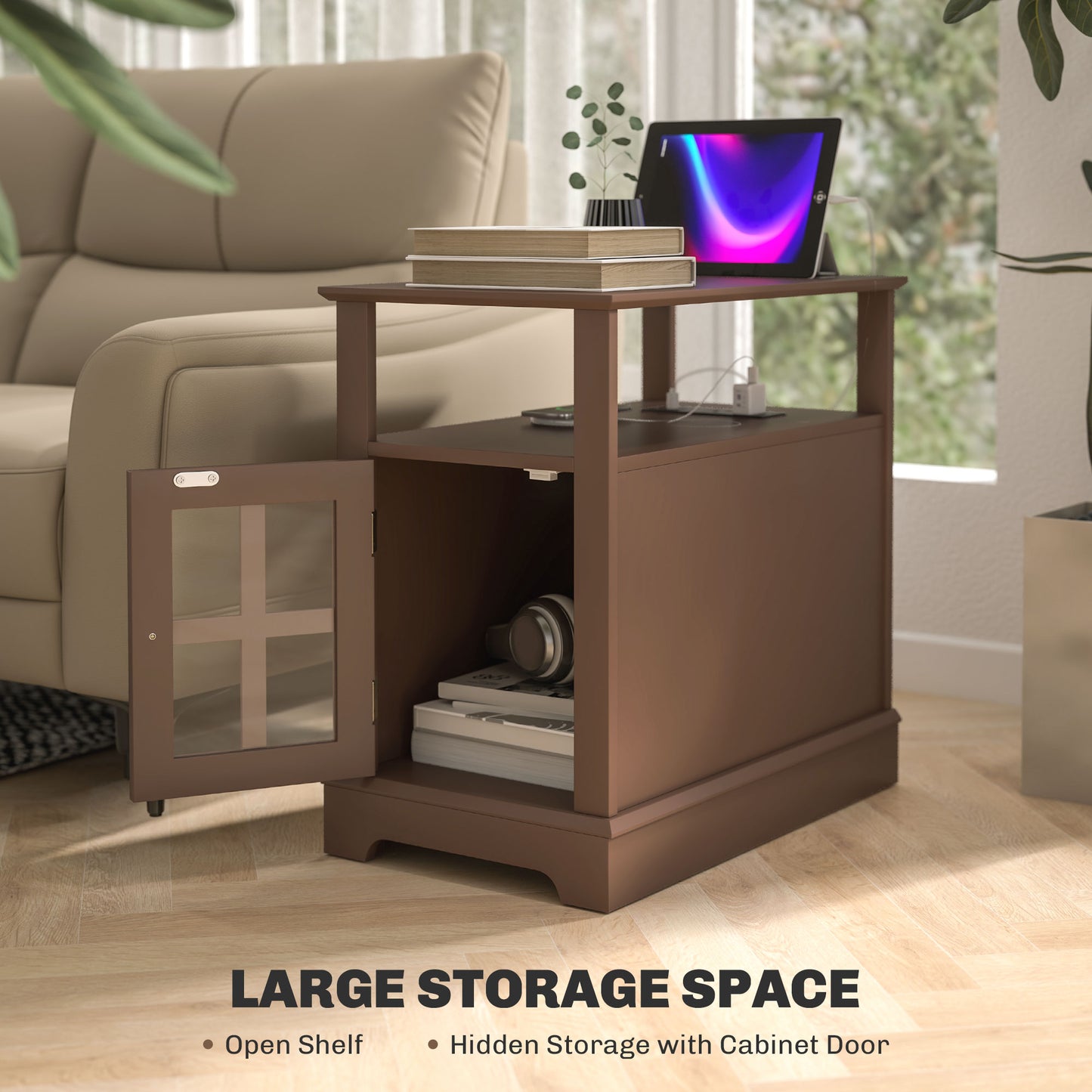 Narrow Side Table End Table With Charging Station, USB Ports, Modern End Table With Storage For Living Room, Brown