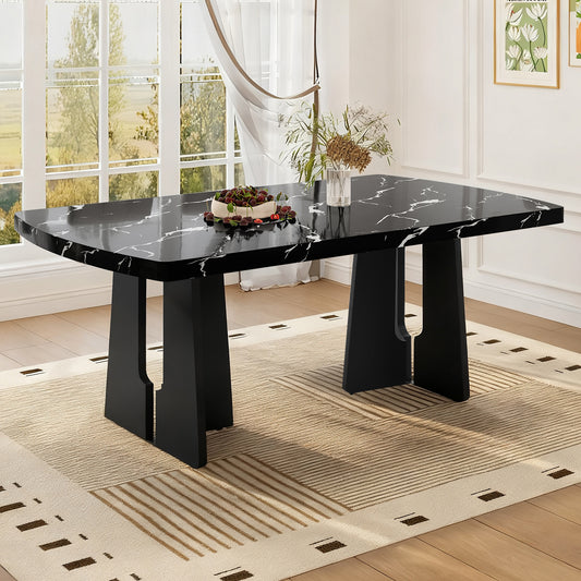 63  Modern Faux Marble Dining Table - Black White Marble Top With Sturdy Geometric Legs, Stylish Kitchen & Dining Room Table For Home, Apartment, Office, Easy To Assemble, Black