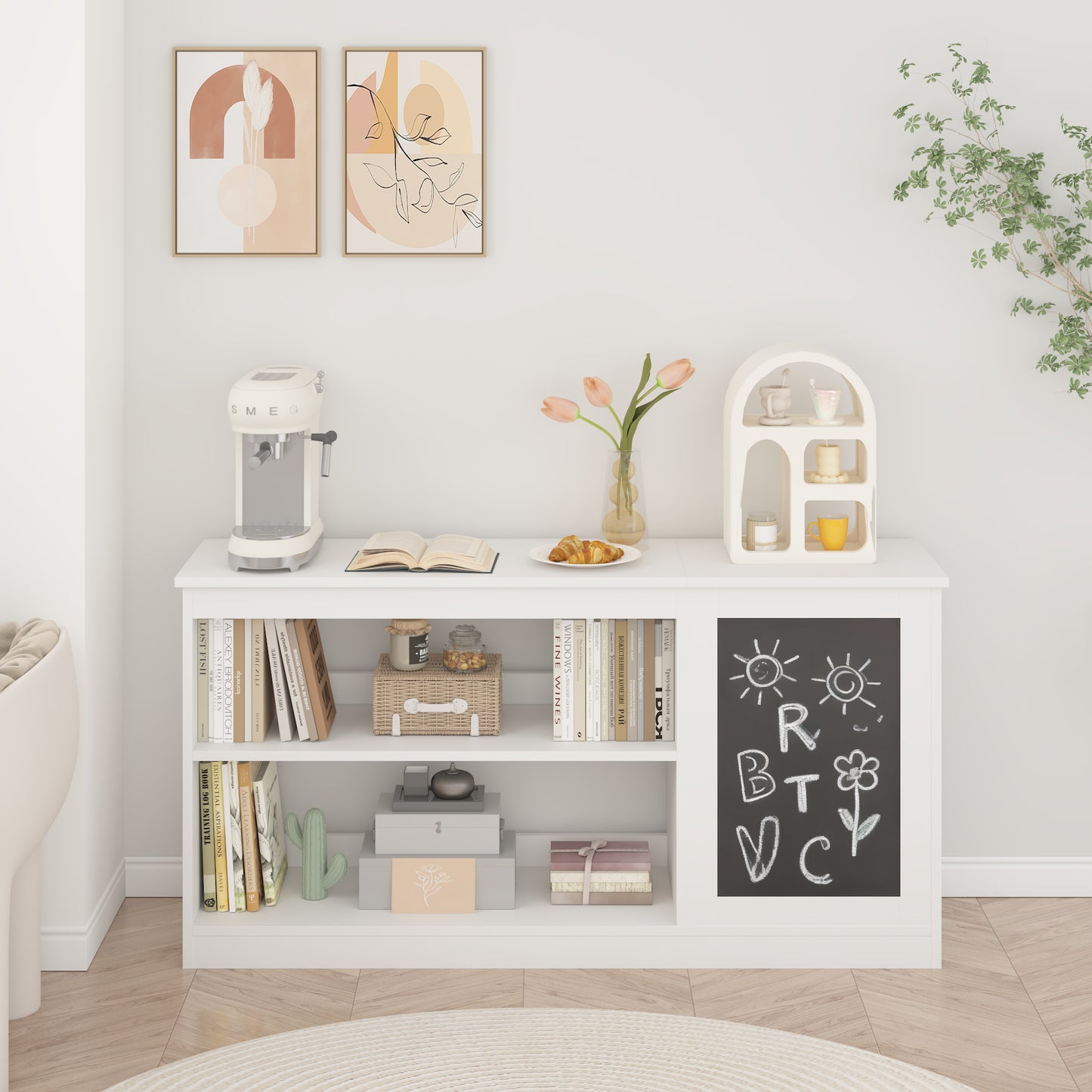 3-in-1 Kids Bookshelf And Toy Storage Cabinet With Chalkboard  Modern White Organizer For Playroom
