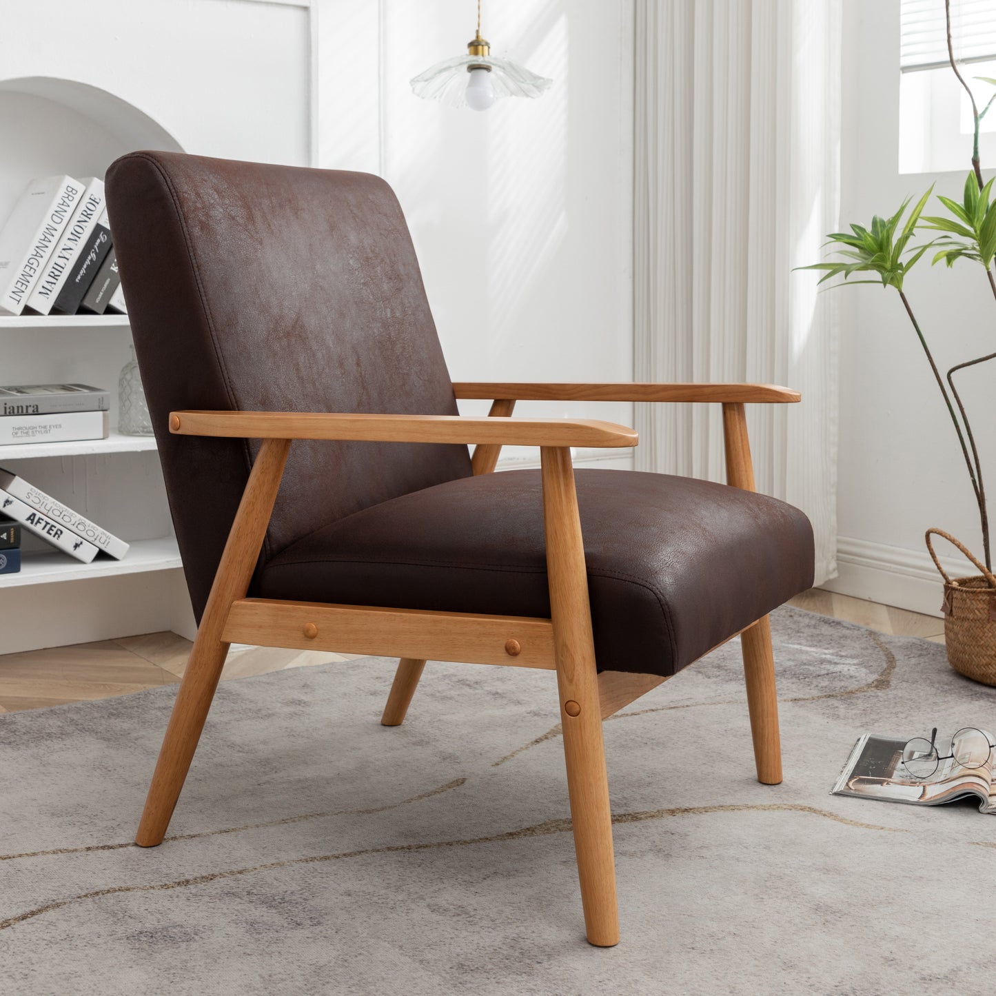 25.38     Wide Classic Mid-Century Modern Arm Chair, Dark Brown