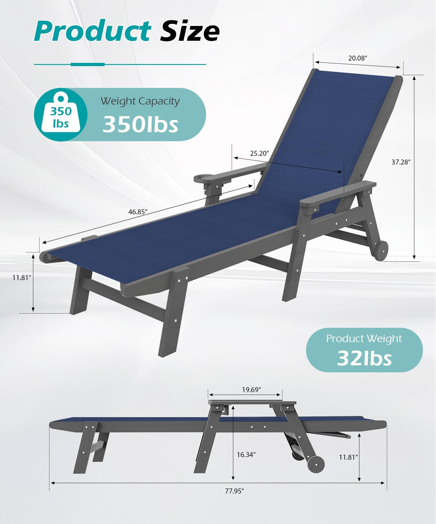 Lounge Chair Outdoor, HDPE Chaise Lounge Outdoor With Wheels, Patio Lounge Chair Adjustable 5-Position Recliner For Patio, Poolside, Yard, Navy Blue