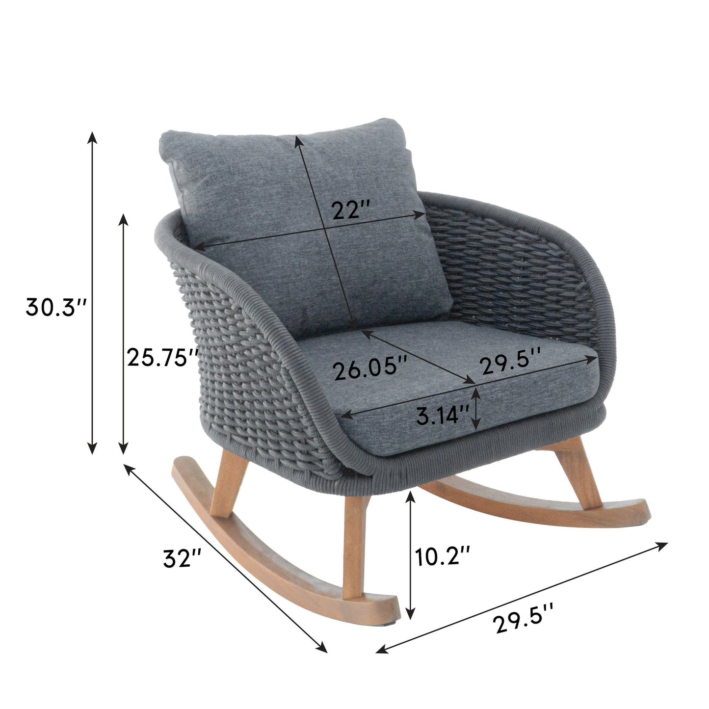 29.5  Contemporary Minimalist Gray Wicker Rocking Chair With Soft Polyester Cushions And Durable Wooden Frame, Perfect For Indoor And Outdoor Spaces Like Patio, Balcony, Or Living Room