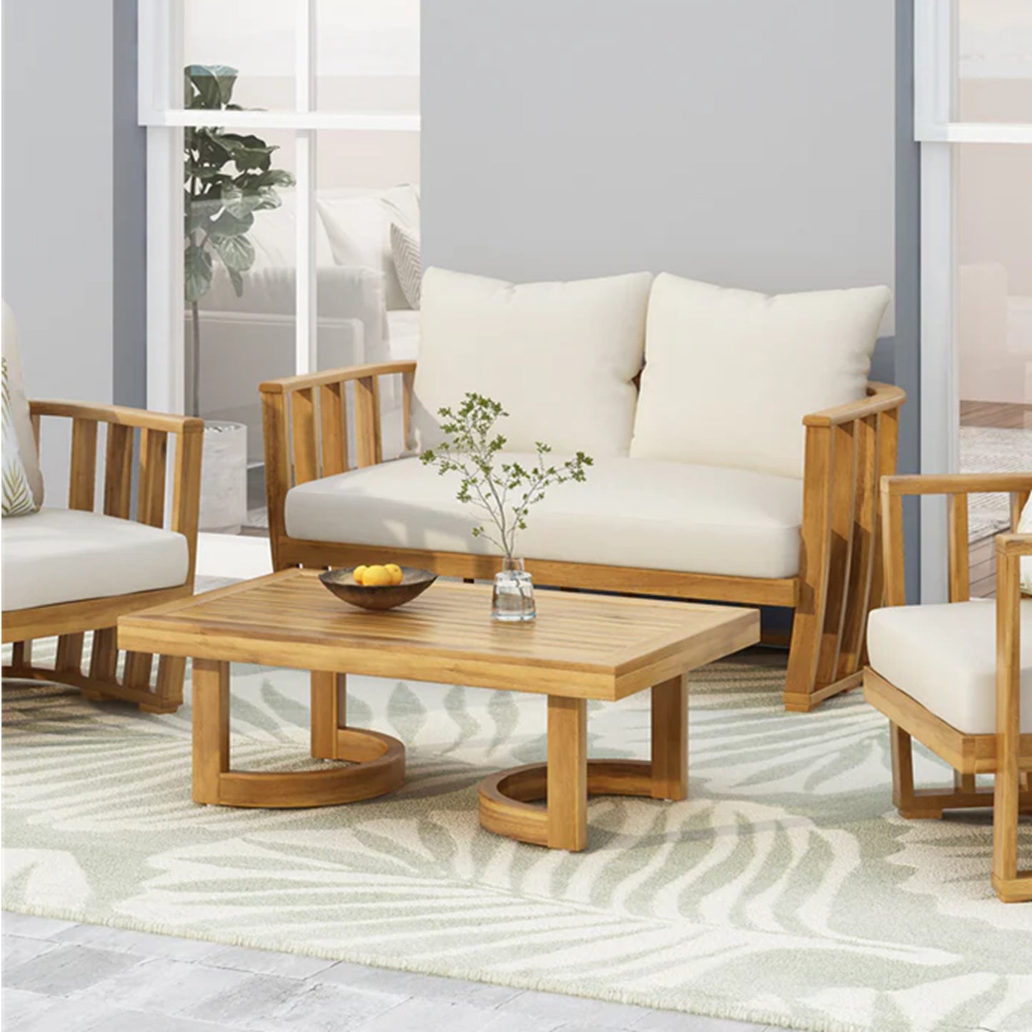 Outdoor Acacia Wood Loveseat And Coffee Table Set With Cushions, Teak, Beige