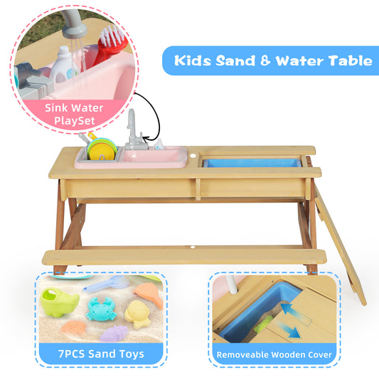 Wooden Kids Picnic Table, Sand And Water Table With Umbrella, Activity Table For Outdoor Backyard Patio Play