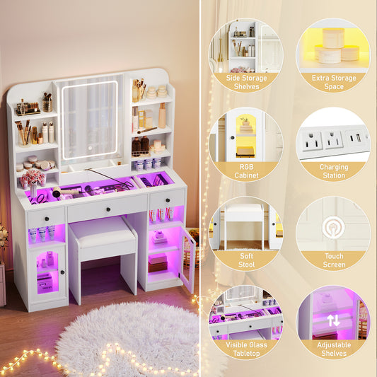 43.2  Vanity Desk With LED Mirror And Lights, Glass Top Vanity With RGB Glass Light Cabinets, Dressing Table With 3 Drawers ,Storage Shelves And Stool For Bedroom, White