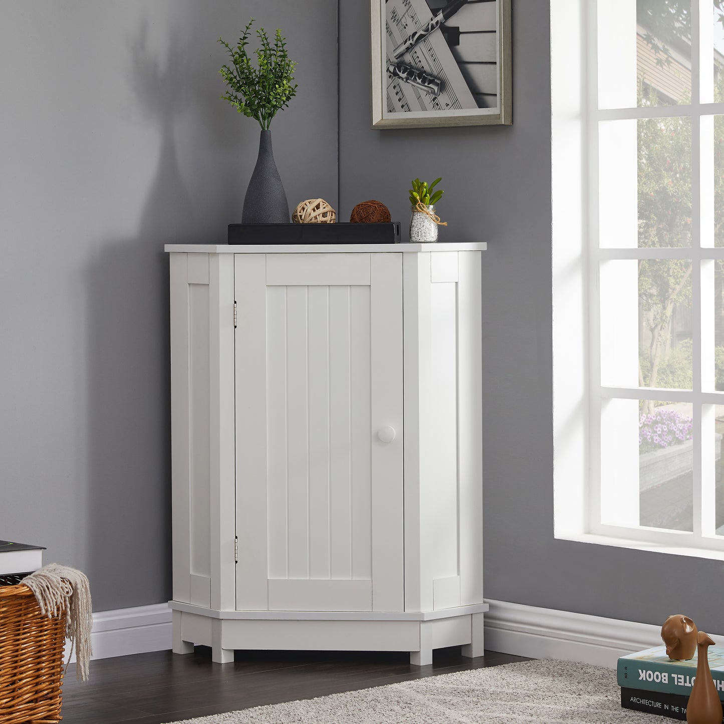 White Bathroom Cabinet Triangle Corner Storage Cabinet With Adjustable Shelf Modern Style MDF Board