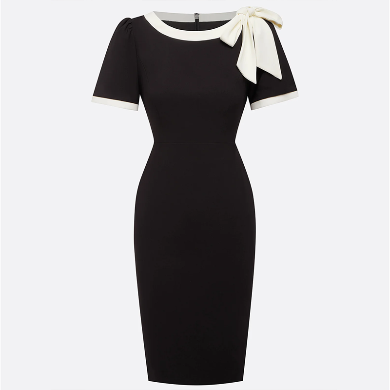 Women's Round Neck Bow Knot Contrast Color Bodycon Knee-Length Short Sleeve Dress Summer Party & Banquet Dress